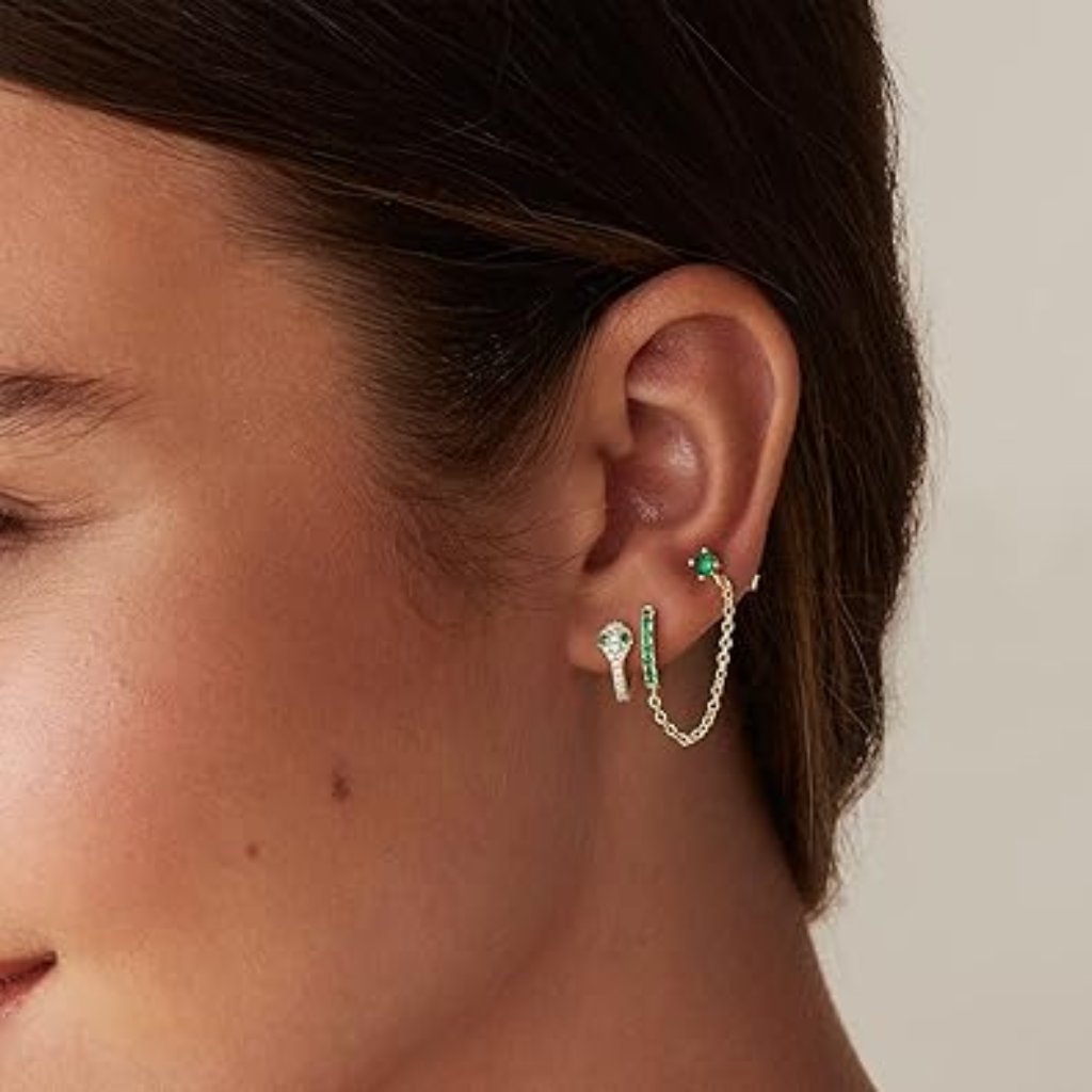 Neiman Marcus 14k Gold Plated Emerald Hoop Double Piercing Earrings 99$
